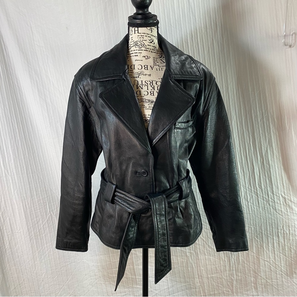 Tannery West Sz M Vintage Black leather Jacket with tie belt Notch Collar
